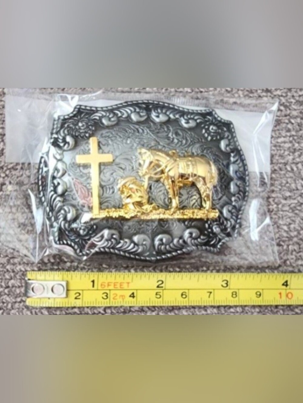 Western Faith Horse and cowboy praying at cross Belt Buckle